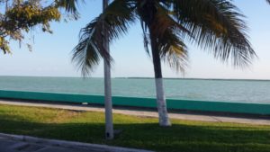 Chetumal boardwalk photo looking out over the water.